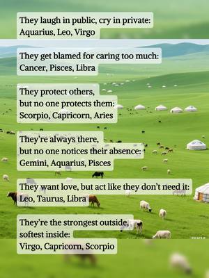 The image shows rolling green hills with a few white yurts scattered across the landscape. A text overlay is present, featuring various statements about zodiac signs.