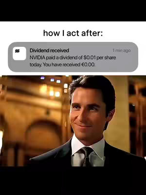 The image is a meme featuring a man in a suit smiling slyly. Above his head is a mock-up notification from a finance app, detailing a dividend payment. The lighting is warm and slightly blurred, suggesting a relaxed indoor setting, possibly a gathering or restaurant.