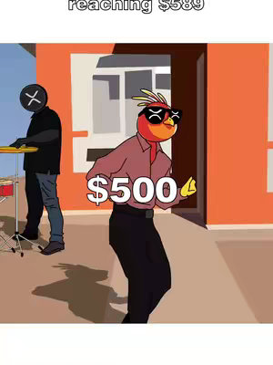 An animated image with a central figure of a bird wearing sunglasses and a red shirt holding up its right hand. The text "$500" is superimposed on the bird. To the left is another figure with an "X" on its head playing and the background features a minimalist sunny day scene with a building and orange wall.