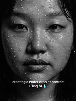 A black and white close-up image of a person's face, covered in small water droplets. The person has visible pores and subtle facial features, with dark hair framing the face.
