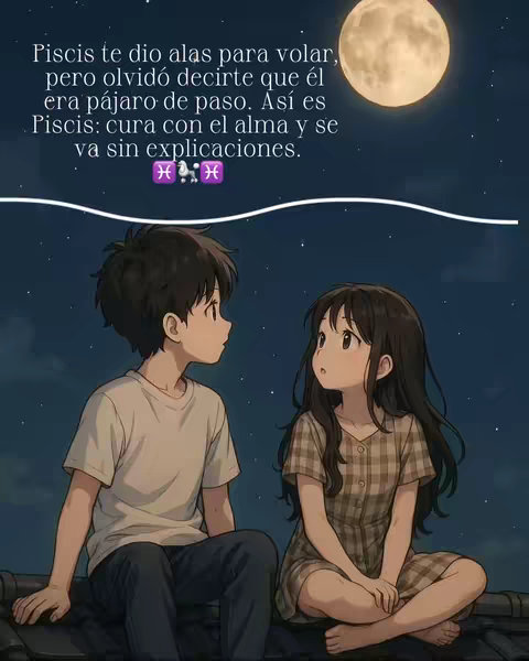 An anime-style illustration features two young cartoon characters sitting together at night under a moon. The male character has dark hair and a white t-shirt while looking to the female character to his right. The female character has dark hair and wears a plaid dress. There is text overlayed explaining the zodiac sign, Pisces.
