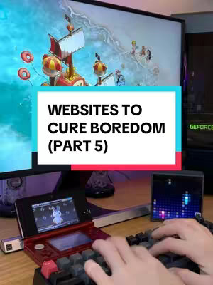 The cover image shows a person's hands on a keyboard and a 3DS playing Animal Crossing, with "WEBSITES TO CURE BOREDOM (PART 5)" in the middle. The background shows a screen showing an animated scene.