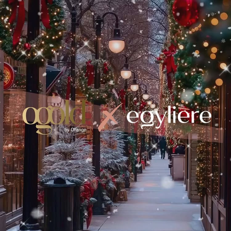 The cover image shows a picturesque winter scene of a European street decorated for Christmas. A cobblestone street leads towards the background, flanked by buildings with Christmas lights and wreaths adorning the structures. Snowflakes are falling. In the foreground, superimposed text displays advertising.