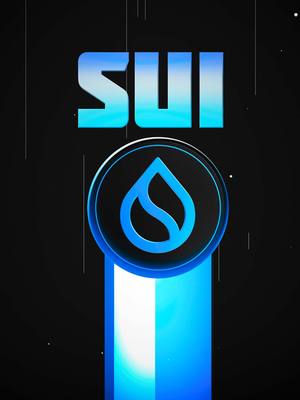 The image features a sleek design on a black background. At the top, the word "SUI" is written in a bold, gradient-filled blue font, suggesting a 3D effect. Below this, a circular emblem contains a stylized blue water droplet, set against a dark backdrop. A vertical blue and white stripe emanates from the emblem, creating a dynamic visual path. The overall aesthetic is polished and modern, with the gradient and stripe enhancing the visual appeal.