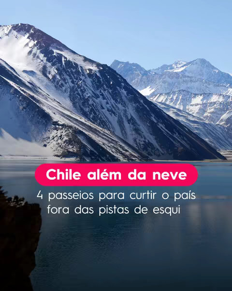 A scenic cover image showcases a majestic mountain range with snow-capped peaks reflected in a serene lake. A text overlay in a vibrant pink banner announces "Chile alem da neve" followed by details about the content.