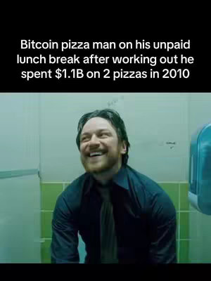 The image shows a man smiling in a bathroom. Text overlays describe the history of Bitcoin pizza.