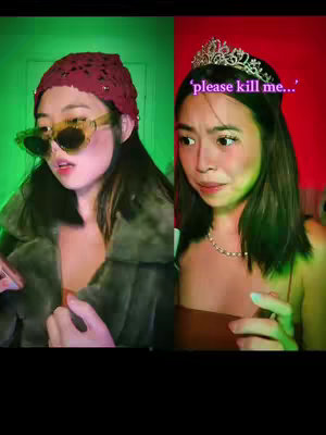 A split-screen image featuring a woman in two different settings. On the left, she wears a maroon beanie, large sunglasses, and a puffy green coat, standing in front of a green background. On the right, she wears a tiara, and is in front of a red backdrop.