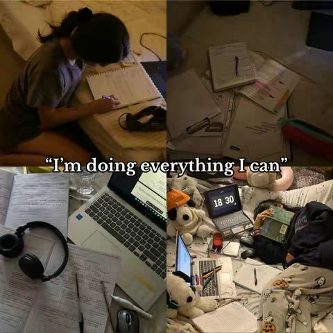 The image is a split view showing four scenes of a study environment. Top left shows a person writing in a notebook. Top right shows messy papers and a pen. Bottom left shows headphones, papers, and a laptop. Bottom right shows a person studying in bed with a laptop and papers. The image is lit with a warm tone representing a study environment.