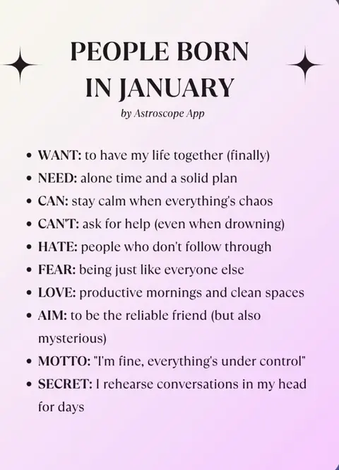 An image with a light purple gradient background. At the top, it has two star shapes. The text 'PEOPLE BORN IN JANUARY' is in bold, black font. Underneath, it says 'by Astroscope App.' Below, a list of characteristics associated with people born in January are bulleted.