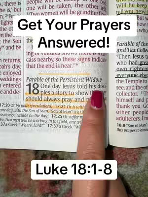 A cover image featuring a hand with red nail polish pointing at an open book. The book is displaying text from the Bible, Luke 18:1-8. Above the text is the phrase 'Get Your Prayers Answered' in large, bold font over a white rectangle. The text is in a black, sans-serif font. The background includes a page with more bible verses.