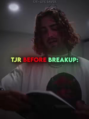 A man is the central focus, seen from the chest up. He has curly brown hair and is wearing a white t-shirt, his gaze downward. Text overlays in the foreground read "TJR BEFORE BREAKUP:" in yellow, red, and green. A subtle background suggests an interior setting.