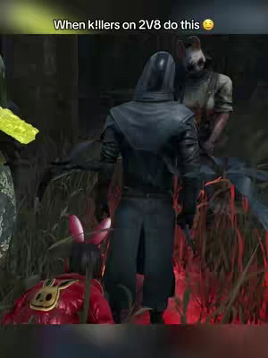 A screenshot from a video game, featuring multiple characters in a dimly lit, wooded environment. The characters include a hooded figure viewed from the back, a character with a distorted head, and a character wearing a red outfit with a bunny emblem. The background suggests a forest at night.