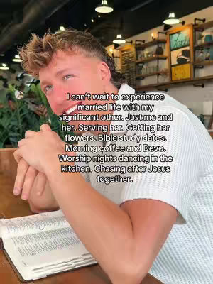 A young man looking away and to the side with a slight smile, seated at a wooden table with an open book. Text is overlaid on the image with a list of things the person looks forward to about married life.