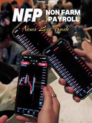 The image showcases three smartphones held up, each displaying a candlestick chart with red and green lines, suggesting financial trading. The background is blurred, with glimpses of people, implying a social setting. Text overlays indicate the topic as 'NFP Non Farm Payroll News Live Trade'.