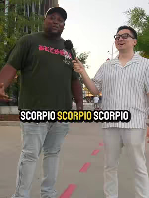 Two men are filmed outdoors, one holding a microphone. The text overlay reads 'SCORPIO' multiple times.