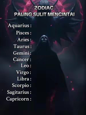 The image has a dark, gothic aesthetic with a figure silhouetted against a background of swirling, shadowy forms. The words "ZODIAC PALING SULIT MENCINTAI" are written in bold white letters at the top. Below this, a list of zodiac signs appears. The overall composition is ominous and mysterious, with a dark color palette dominating the image.