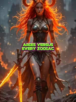 A digital artwork featuring a female warrior with red hair and golden horns. She's holding a sword and standing in front of a fiery background.