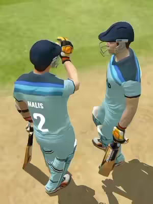 Two 3D-rendered cricket players, facing each other on a cricket field. The player in the foreground, viewed from the back, wears a light blue uniform with the number '2' and the name 'HALIS.' The other player is visible from the side, also in light blue gear. The green field background adds a vivid contrast to the scene.