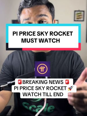A man in a dark shirt is positioned in front of a microphone. On the screen, a cyan and red bar displays the text 'PI PRICE SKY ROCKET MUST WATCH.' Underneath, there is an additional text box with the text 'BREAKING NEWS PI PRICE SKY ROCKET WATCH TILL END.' The Pi Network's logo is visible on the microphone.