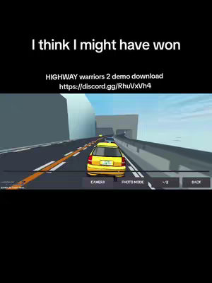 The cover image shows a screenshot from a racing video game. A yellow car, presumably controlled by the player, is positioned in the foreground facing away from the viewer. The car is on a highway with multiple other cars in the distance. Above the game screen, the text overlay "I think I might have won" is visible. Beneath the text, further details about the game demo, and a Discord link also appear.