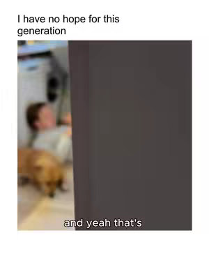 The image depicts a scene with a blurred background and a prominently placed dark rectangular object on the right. In the blurred background, partially visible on the left, appears to be a person along with a dog. The bottom of the image contains text: 'and yeah that's'.