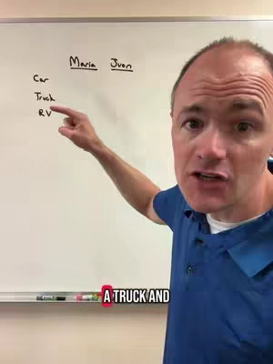 A man in a blue polo shirt stands in front of a whiteboard, pointing at it. The whiteboard has the names Maria and Juan written at the top, and lists "Car", "Truck", and "RV" underneath. A text overlay reads "A TRUCK AND".