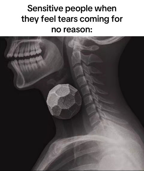 An X-ray image showing a cross-section of a neck and skull. The text overlay reads "Sensitive people when they feel tears coming for no reason:". A geometric, 3D-rendered shape floats near the base of the neck.