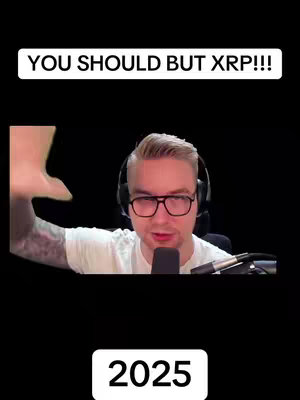 The cover image features a man with blonde hair, wearing glasses, a white t-shirt, and a headset microphone. The image is set against a black background, with a white text overlay at the top reading "YOU SHOULD BUT XRP!!!". The number "2025" is displayed at the bottom of the image.