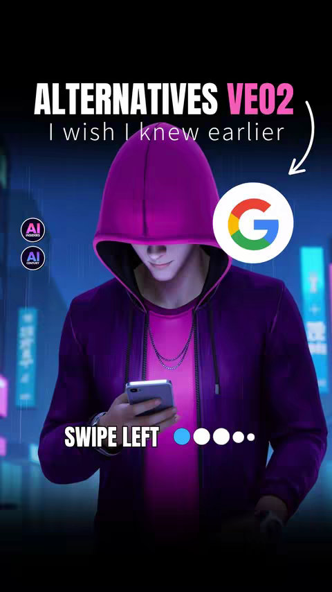 The image is a stylized vertical graphic, likely a YouTube thumbnail. It features a digital illustration of a person wearing a purple hoodie, looking down at a smartphone held in their hands. Above the person, the words "ALTERNATIVES VE02" are prominently displayed in a bold, sans-serif white font, with "I wish I knew earlier" in a smaller font. The person has dark hair and a somewhat androgynous appearance. Their expression is neutral. In the background, a blurred, neon-lit cityscape in blue, purple, and pink suggests a futuristic or urban setting. A white arrow points toward the Google logo, positioned to the right of the main text. Below the phone are three circles: the first blue, the second white, the third white, suggesting a swipe-left gesture. The overall aesthetic is modern and digital, with a focus on tech culture, suggesting it is some sort of tutorial or review.