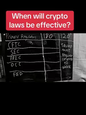 The image shows a person's handwriting on a dark whiteboard. The text is in white, organized in a grid. At the top, a red box features the text: 'When will crypto laws be effective?' The grid lists regulatory bodies, timestamps, and related comments. The setting appears to be an office or educational area.