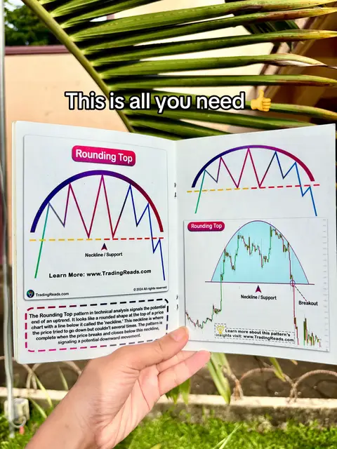 A hand holds open a book with diagrams related to trading patterns, with a green leaf and blurred background behind it. Above the book, the text, 'This is all you need' is overlaid.