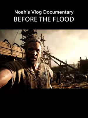 The cover image displays a selfie-style shot with a man as the primary subject, posed in a setting that appears to replicate the pre-flood era from the biblical story of Noah. The man, who appears to be Noah, is looking directly at the camera with a concerned expression. The background includes construction scaffolding and other elements suggestive of building activity. The overall color palette is muted and earthy, with a focus on brown and gray tones, lending a dramatic feel. The composition is a medium shot, from the chest up.