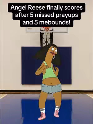 A cartoon image depicting a character from the animated series "Bob's Burgers" in what appears to be a basketball setting. The character, a woman with dark hair and wearing a green tank top, jean shorts, and pink sneakers, is positioned near a basketball hoop. Text overlays are placed above the image describing the event.