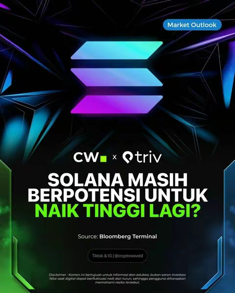 The image is a promotional graphic for a cryptocurrency analysis. The background uses a dark, geometric design with intersecting lines and gradients of blue, creating a futuristic feel. In the center, it showcases the Solana logo, a stylized hexagonal shape using shades of blue and purple. The text overlay includes "CW x Qtriv" in white, and further textual information discussing Solana's market potential. The overall layout is clean and uses a bold, modern aesthetic. A small "Market Outlook" label is present in the top right corner.