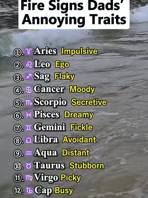 The cover image is a list of zodiac signs with a summary describing a fathers annoying traits. The background shows water waves.