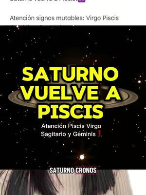 The cover image features a black background with a stylized image of Saturn. Overlayed on this is large, yellow text that reads "SATURNO VUELVE A PISCIS". Below the main text are the words: "Atención Piscis Virgo Sagitario y Géminis !."