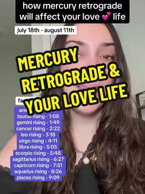 A woman with dark hair is centered, looking towards the camera. Text overlays in yellow and white cover the background. The text includes astrological terms in a vertical list. The overall composition is a selfie style.