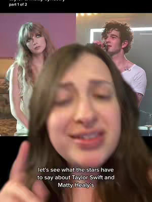 The cover image shows a split screen with two distinct backgrounds and figures. On the left, a woman with blonde, wavy hair and a delicate top is positioned against a soft pink backdrop. On the right, a man with short, dark, curly hair is holding a microphone with white top on a lit stage. In the foreground, the image is partially obscured by the creator, a woman with brown hair, who is positioned with her finger up, pointing and talking directly to the camera, overlaid on a white background. Below this is the text overlayed on a black background.
