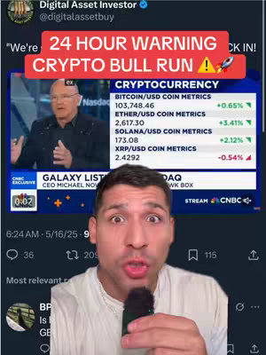 A complex cover image featuring a man speaking into a microphone in the foreground and a live news broadcast on CNBC in the background. A text overlay announces a 24-hour warning regarding crypto and a crypto bull run is coming. Overall, the image consists of a split view presentation, blending live recording with data.