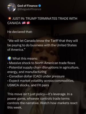 A screenshot showing a man in a gray suit looking directly into the camera. Text overlays include the headline 'JUST IN: TRUMP TERMINATES TRADE WITH CANADA 🇺🇸🇨🇦' and a block of text detailing the implications, such as market volatility and supply chain disruptions. The image is slightly shadowed, creating a sense of depth, and the information is presented in a list format under the bold title.