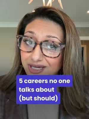 A woman with light brown hair and glasses looks at the camera with a slightly concerned expression. A blue box overlay contains white text reading, '5 careers no one talks about (but should)'. The background is a neutral interior setting with a crown molding.
