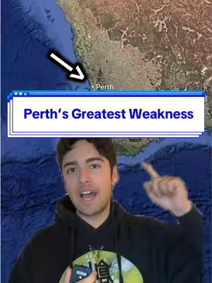 A cover image shows a map of the Perth area in Australia, along with a man pointing at the map and overlaid text in a retro computer window reading, "Perth's Greatest Weakness". The background is a dark water color.