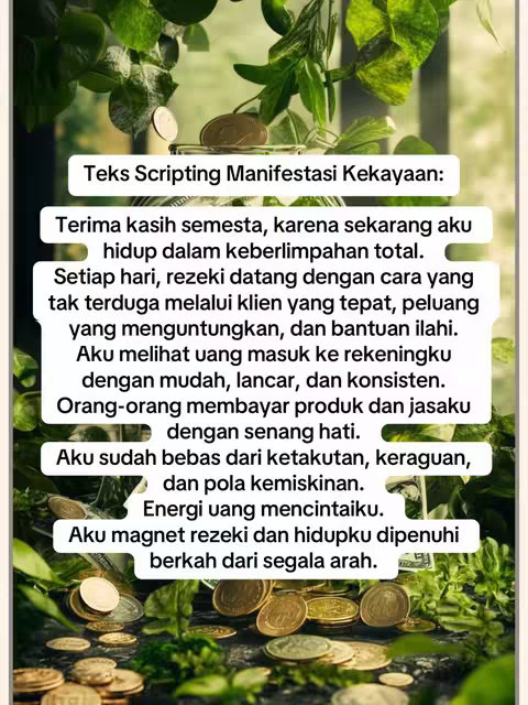 The cover image is a vertical composition with a background of lush green foliage and coins scattered at the bottom. In the center, a white rectangular text box contains multiple lines of text in Indonesian. A small pile of coins is visible on the upper part of the image.