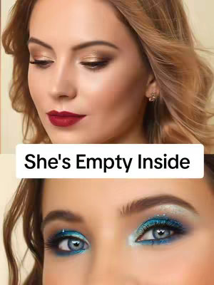 A split image, the top half shows a person with red lipstick and eye makeup, and the bottom half shows a close-up of eyes with blue eyeshadow. The title is overlayed in the middle on a white rectangular background, which reads 'She's Empty Inside'.