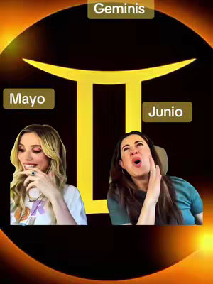 The image is a vertical graphic featuring two women situated against a patterned background. The background transitions from a bright orange hue towards the top to black at the bottom. The central design element is the Gemini astrological symbol, a golden shape placed between the two women. The women themselves are positioned side by side, each in a distinct pose and expression, with text labels like "Mayo", "Geminis", and "Junio" above them. The overall layout suggests a zodiac or astrological theme, likely tailored to highlight characteristics associated with Gemini signs.