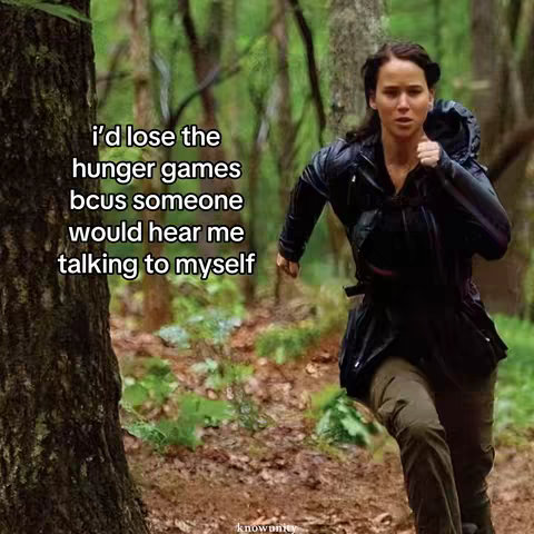 The cover image shows a woman running through a wooded area. Text overlayed on the left side reads, 'I'd lose the hunger games bcus someone would hear me talking to myself.'