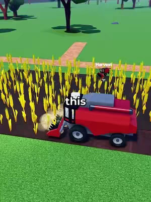 A vertical video game scene showing a detailed, red combine harvester cutting through a field of wheat in a stylized, cartoonish environment. The harvester is at the bottom-left and has the hook text 'this' overlayed on it. The field is surrounded by a brown path and green trees, with another harvester visible in the distance.