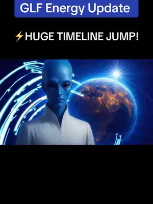 The image showcases a stylized, digital artwork. The central figures are an alien and planet. The alien has blue skin, dark eyes, and is positioned prominently in the foreground, wearing a white shirt. Behind the alien, a large, colorful planet with detailed terrestrial features is visible. The background is a deep blue, with abstract lines and glowing elements suggesting a futuristic or energy-related theme. Above, in a dark blue banner, is the text 'GLF Energy Update' and the hook text 'HUGE TIMELINE JUMP!', in bold and white text, adding context to the image.