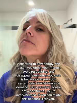 A selfie-style image featuring a woman with long blonde hair, positioned in what appears to be a bathroom setting. She is looking upwards, with a thoughtful or slightly pensive expression. Text overlayed on the image provides context about nervous system responses.