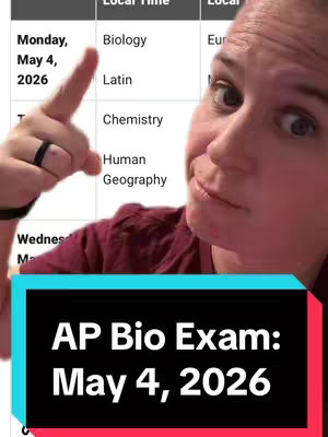 A selfie-style shot. A woman is looking towards the camera with a slight smile. She is pointing a finger upwards. A blue and red rectangular overlay at the bottom of the image contains the text AP Bio Exam: May 4, 2026.